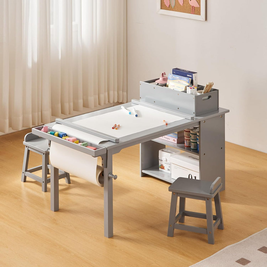 Kids Art Table and Chair Set with Paper Roll Holder, Toddler Craft Table with Storage Shelves, Side Supply Tray
