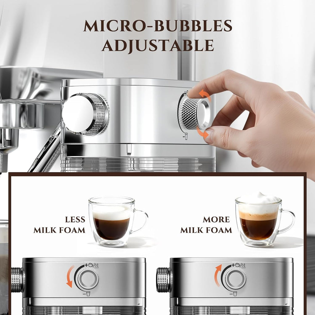 Espresso Machine, Auto Milk Frother, 20 Bar Pressure, Silver | Home Coffee Maker with 61oz Removable Tank & LCD