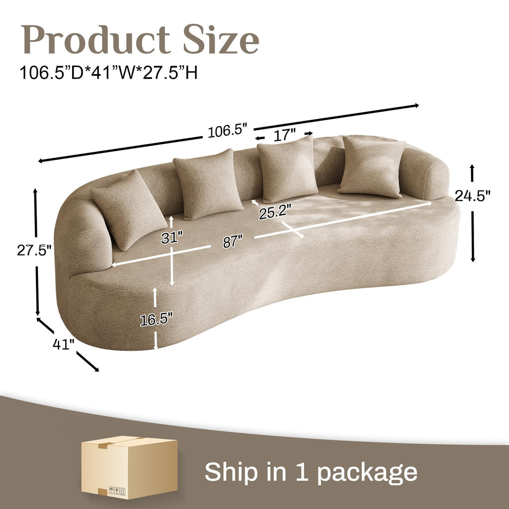 Modern Curved Couch, Oversized 4 Seater Boneless Chenille, Light Brown