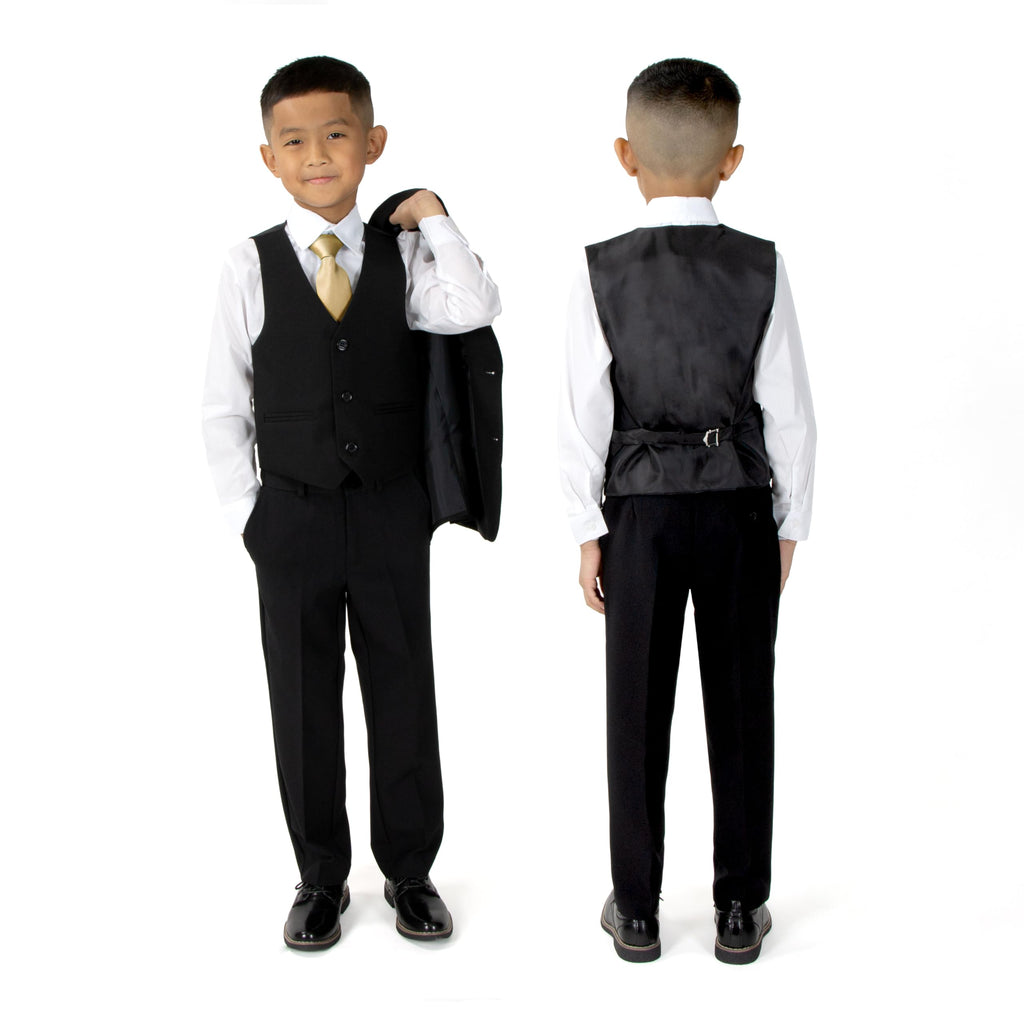 Boys' Modern Fit Suit Set - Weddings, Baptism, and Christening, Black Suit & Antique Gold Tie