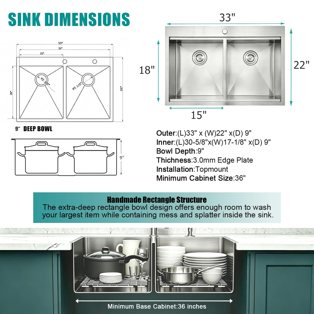 33 x 22 Inch Double Bowl Drop in, Brushed Nickel 16 Gauge Stainless Steel Topmount 50/50 Double Basin Workstation