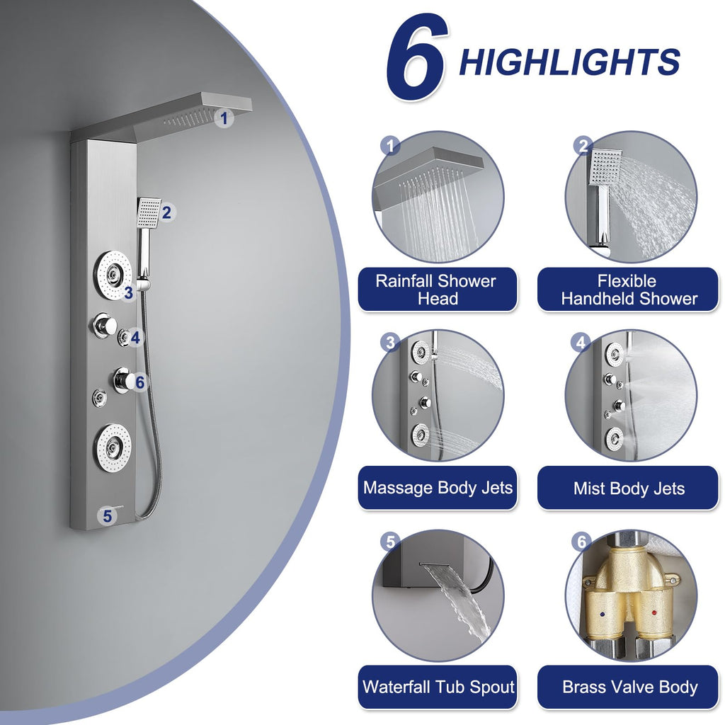 5 in 1 Rainfall Shower Panel Tower with Tub Spout, Brushed Finish