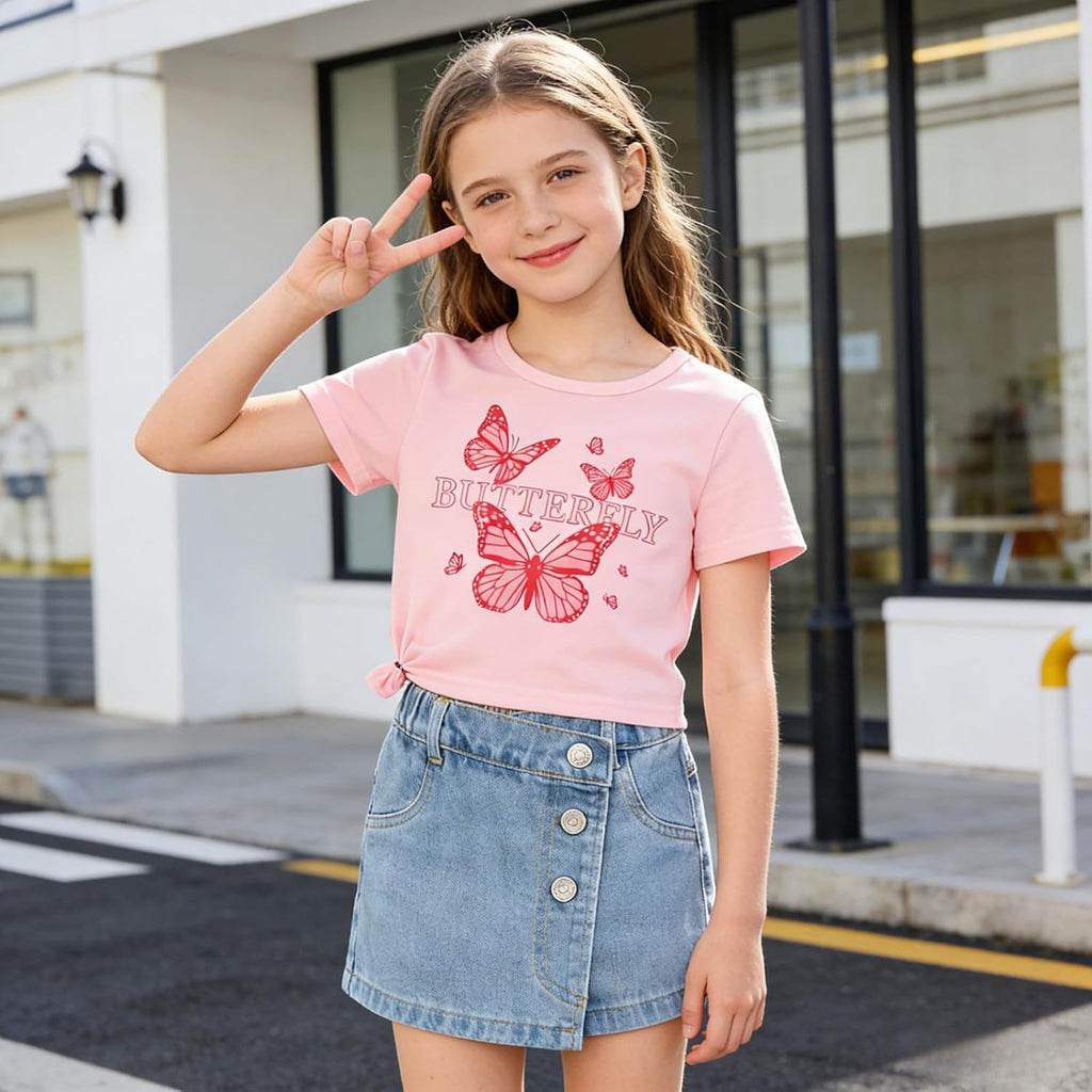 Girls Clothes 2PCS Butterfly Print Short Sleeve T-Shirt Denim Skirt Shorts Set Teen Tween Girls Summer Outfits Set