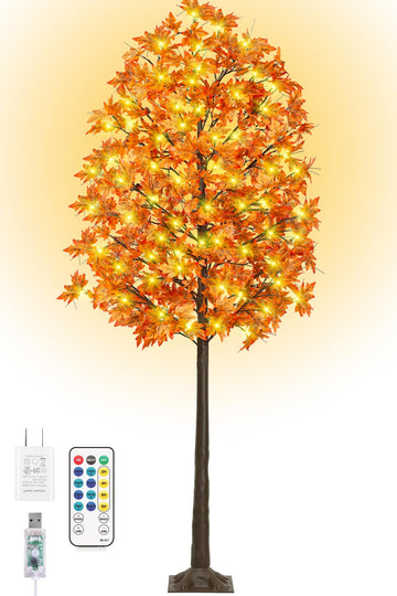 8FT Fall Maple Tree Light - Thanksgiving Decor Artificial Tree with 21 Acorn, Remote 8 Flashing Modes, Timing
