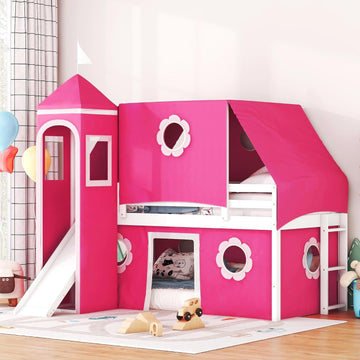 Castle Loft Bed with Slide & Tent and Tower, Playhouse Design Spacious Under Bed Space with Curtains, Wood Tent Bed