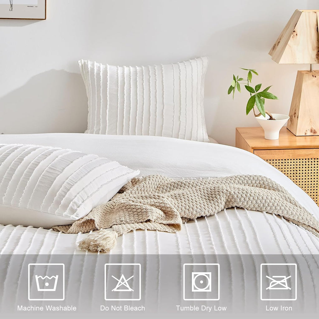 White Boho Duvet Cover Set Queen, Striped Textured Tufted Bedding Set, 3 Pcs Ultra Soft Washed Microfiber with Zipper