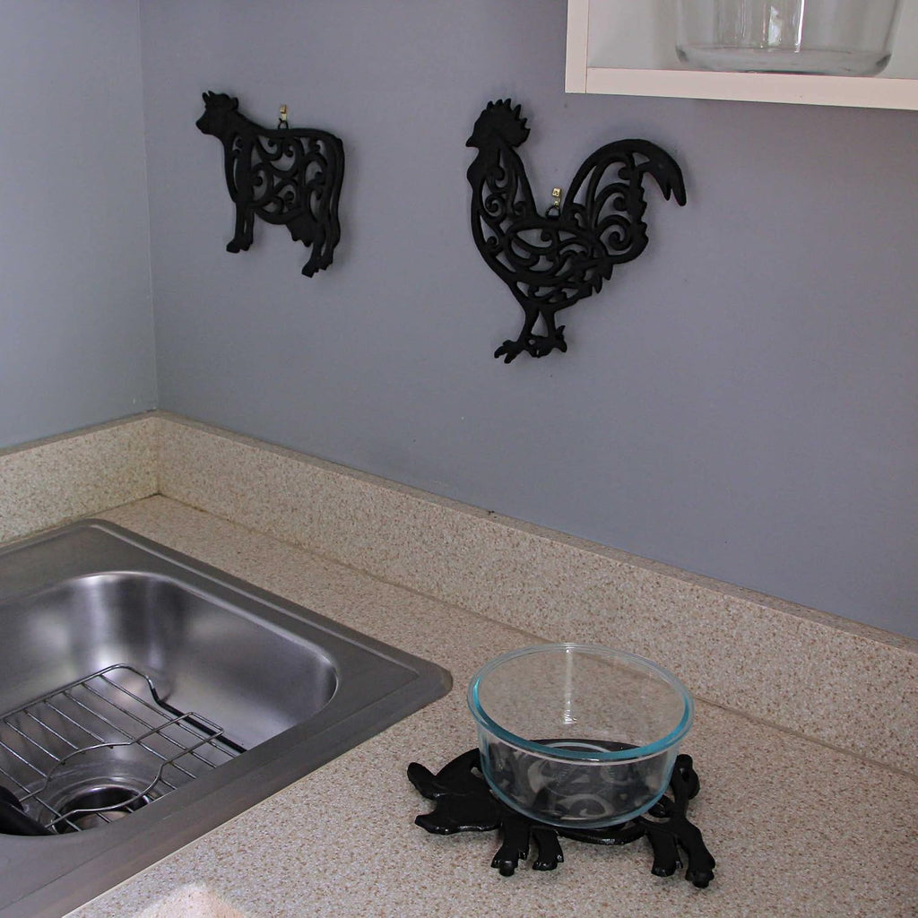 Farm Animal Kitchen Trivets, Black 9 Inch Cast Iron - Set of 3
