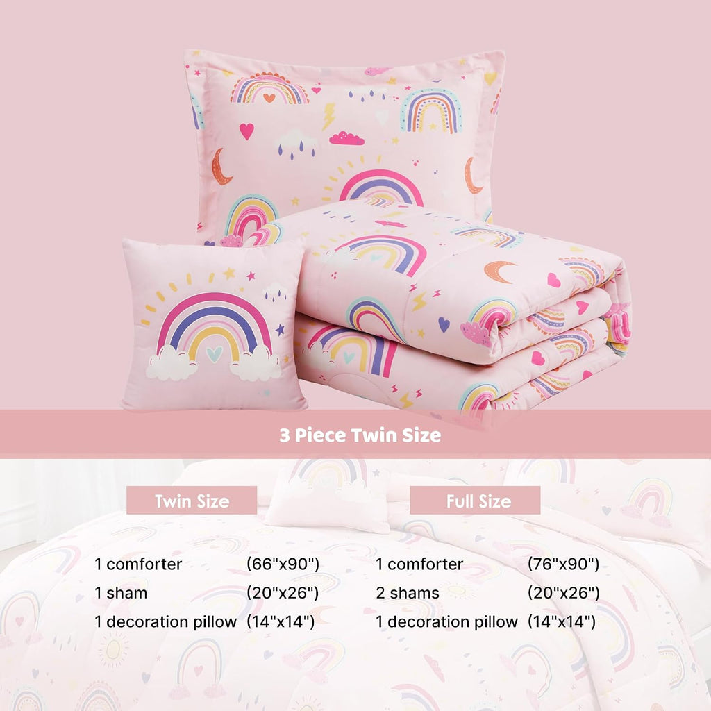 Glow in The Dark Twin Comforter Set for Girls, Pink Rainbow Bedding Set for Kids 1 Comforter, 1 Decor Pillow, 1