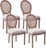 French Farmhouse Dining Chairs Set of 4, Upholstered Rattan Dining Chairs with Curved Backrest and Carved Solid Wood Frame for Dining Room or Restaurant