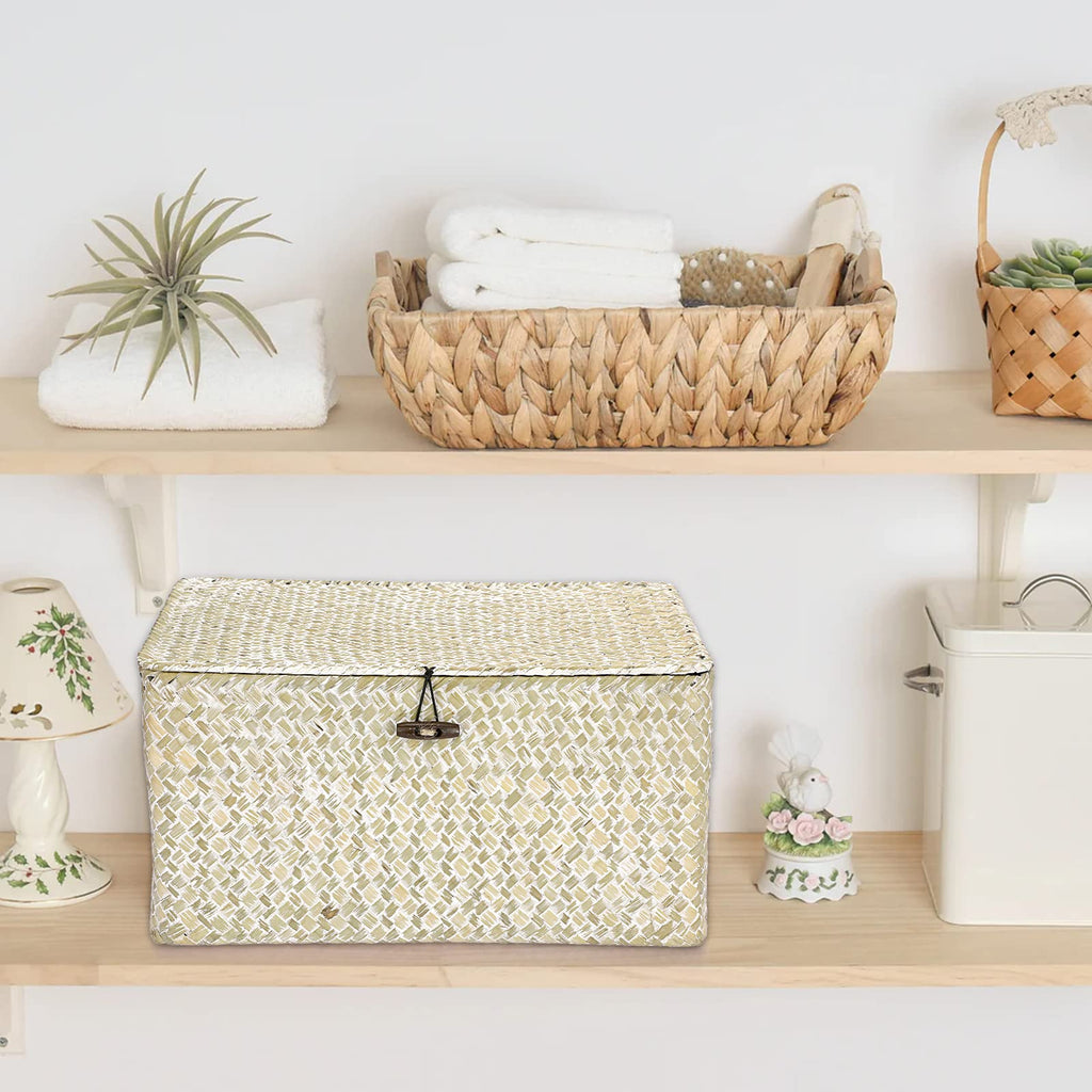 Wicker Shelf Baskets Bin with Lid, Large Seagrass Basket Storage Box