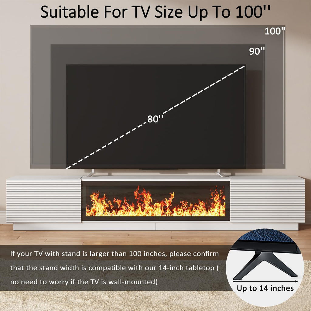 94.5" Fireplace TV Stand, Fluted TV Stands, White