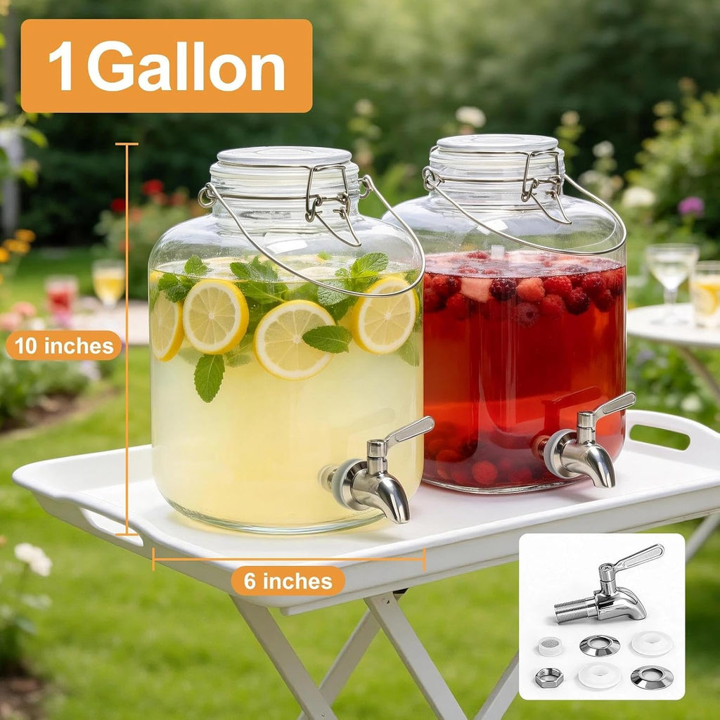 Glass Drink Dispenser for Parties, 1 Gallon Beverage Dispenser with Spigot and handle,Glass Water Dispenser, Juice - Set of 48