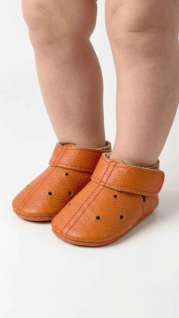 Leather Baby Shoes Soft Sole, Orange Moccasins, Handmade Genuine Infant Booties, Toddler First Walker, Newborn Unisex