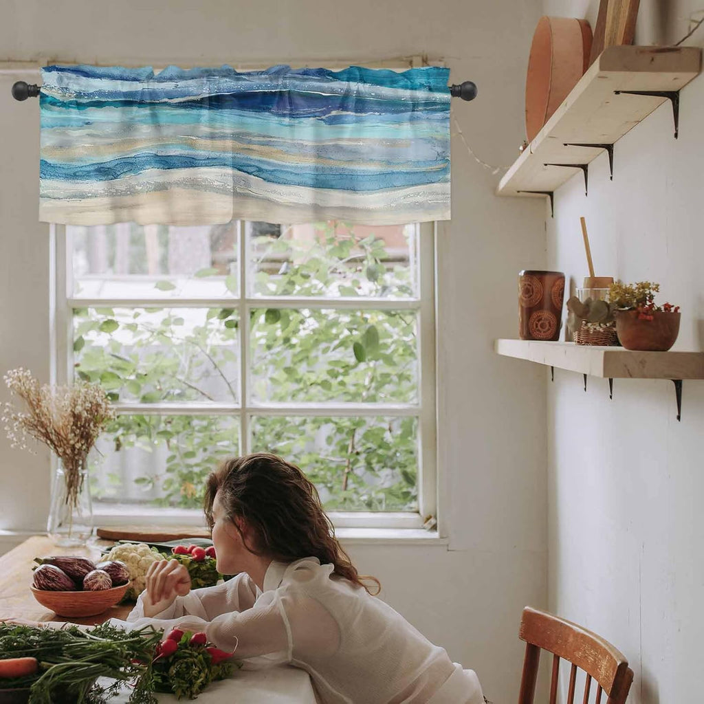 Coastal Beach Valances - Navy Blue Kitchen Curtains - Abstract Blue Wave Window Treatment - Modern Ombre Valances