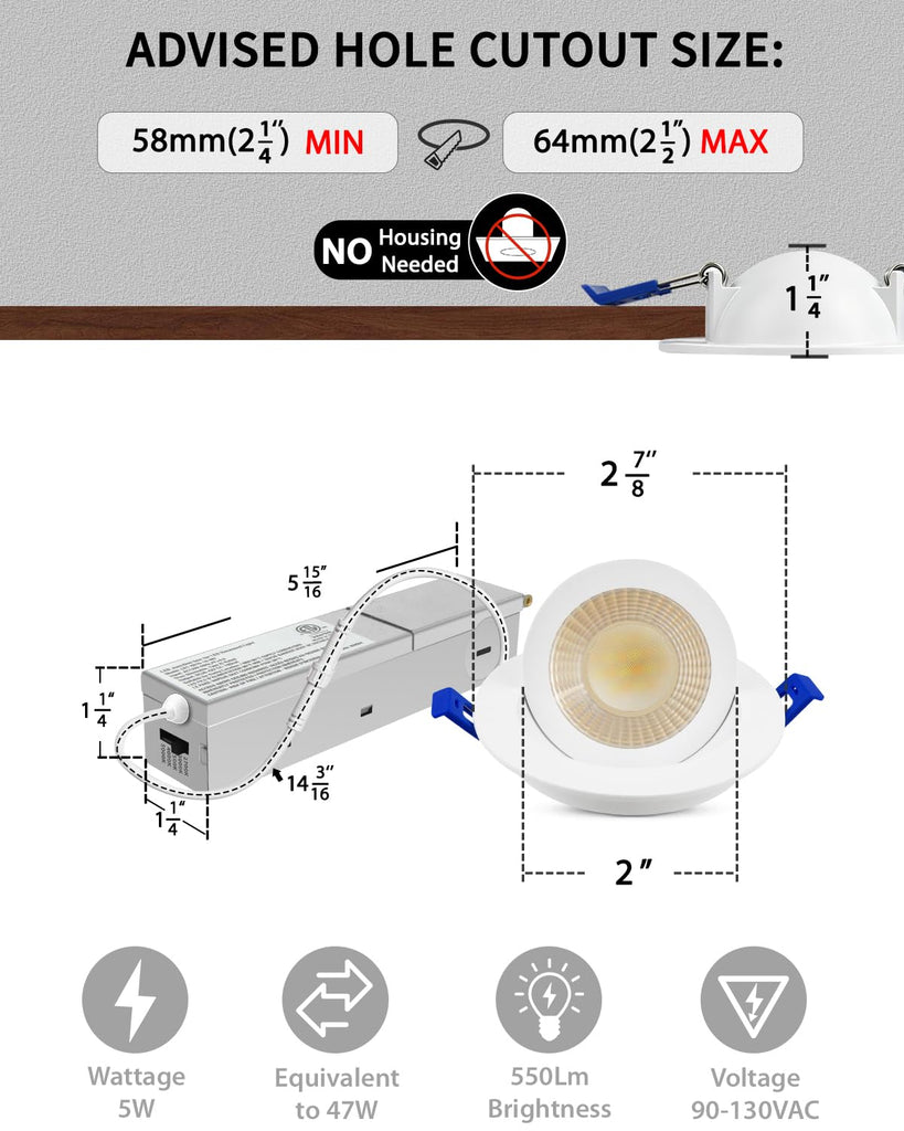 2 Inch 5CCT Eyeball Gimbal LED Recessed Lighting, Dimmable