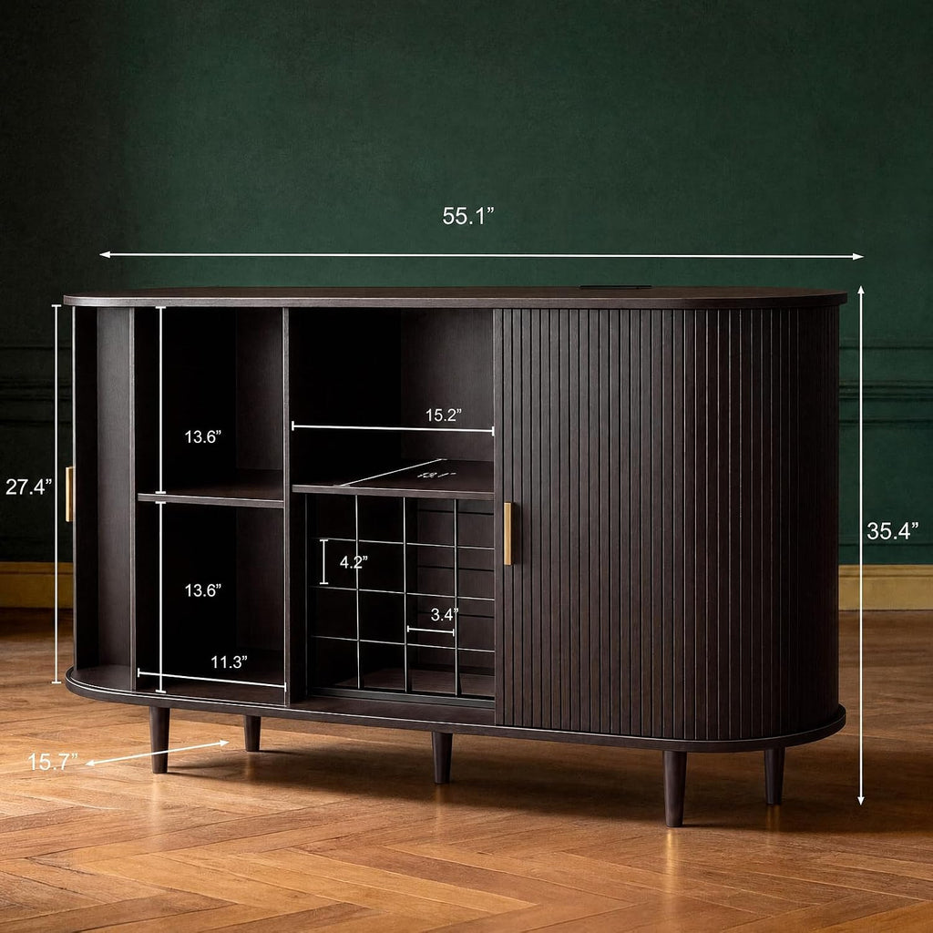 55" Wine Bar Cabinet with Storage, Fluted Liquor & Coffee Bar Cabinet with Wine Rack and Glass Holder, Buffet