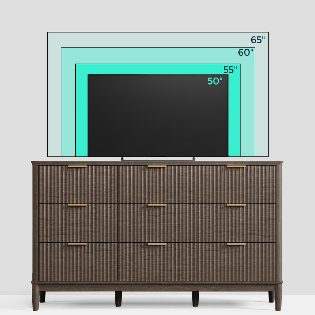 Fluted 9 Drawer Dresser, 58" Wide Mid-Century Modern Tall Chest of Drawers, Deep Storage Dresser with Curved Corner