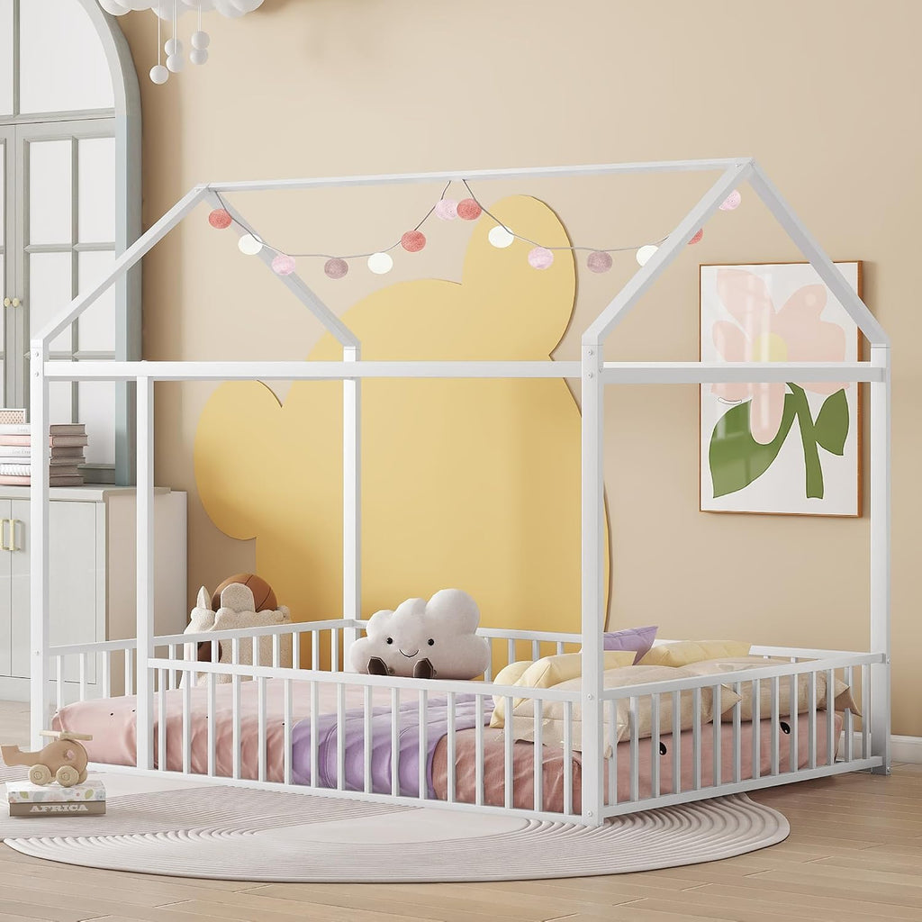 Floor Bed Frame, Metal Montessori Floor Bed with Fence for Boys Girls Bedroom Playhouse for Kids No Slat