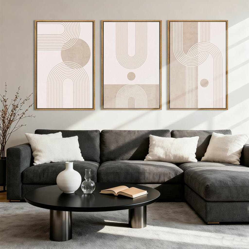 Neutral Boho Abstract Canvas Wall Art Set of 3 Framed Mid Century Modern Wall Decor Beige Geometric Line Artwork