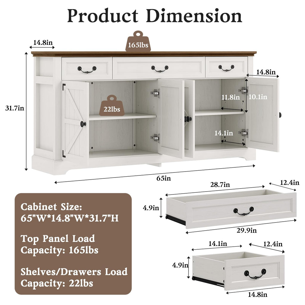 65" Large Sideboard Buffet Cabinet with Storage, Farmhouse Buffet Table Wine Coffee Bar Kitchen Storage Cabinet with