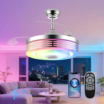 42" Modern RGB Ceiling Fan with Lights and Bluetooth Music Speaker,Color Change Motor Retractable Fandelier Ceiling