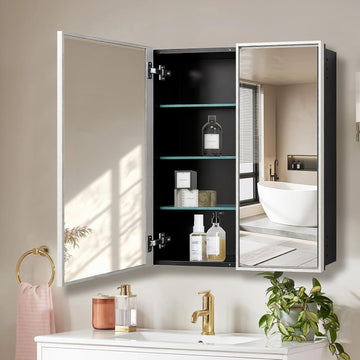 36" x 32" Large Medicine Cabinet with Mirror, Silver Aluminum Framed Bathroom Vanity Mirror Cabinet, Double Door