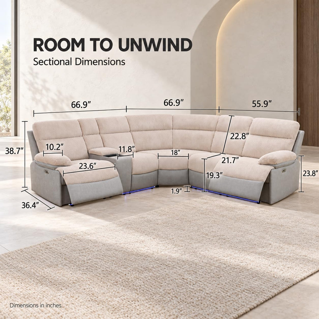 Power Reclining Sectional Sofa, L-Shaped Air Leather Couch with LED Lights, Wireless Charging, Drop-Down Table, Cup
