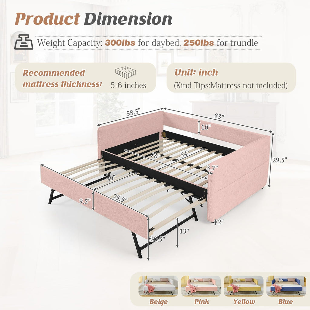 Full Size Daybed, Upholstered Boucle Fabric Day Bed Frame with Twin Roll-Out Trundle and Wood Slats Support, No Box