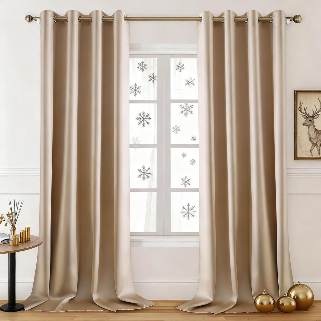 2 Panels Beige Faux Silk Blackout Luxury Curtains, 52 X 96 Inch Champagne Gold Room Darkening Satin Thermal Insulated