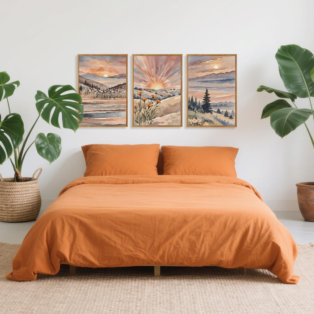 Boho Sun Canvas Wall Art Set, Sunrise and Sunset Mountain Wall Decor, Watercolor Mountains Landscape Art Prints