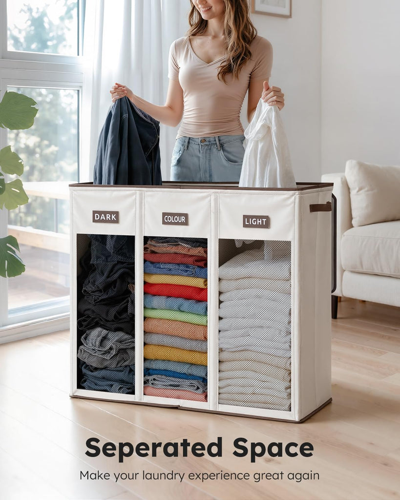200L 3-Section Laundry Hamper with Lid, Extra Large Dirty Clothes Basket with Sturdy Handles for Laundry Room &