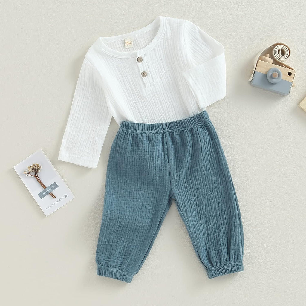 Toddler Boy Linen Outfit Baby Boy Fall Winter Clothes Set Button-Down Shirt Tops Cotton Linen Pants 2PCS