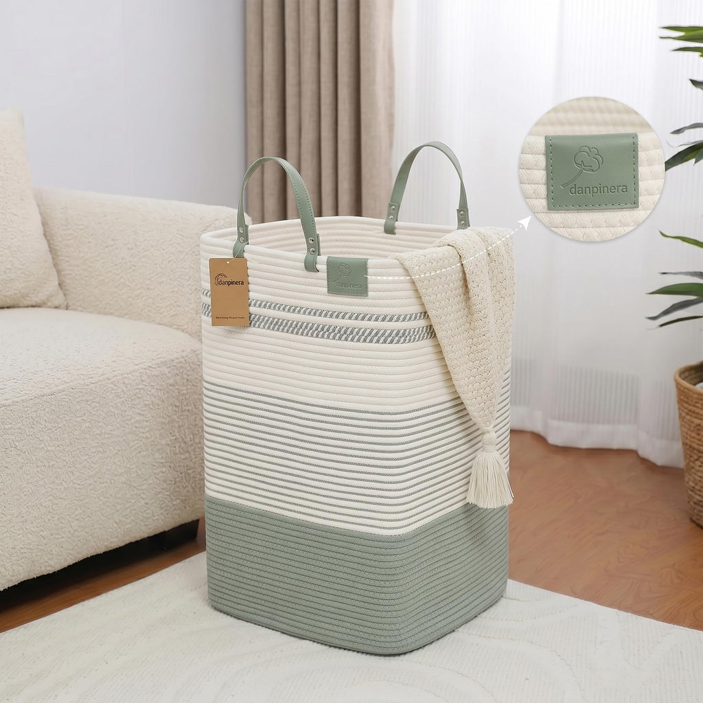 100L Nursery Hamper, Tall Woven Laundry Basket with Long Leather Handles, Boho Laundry Hamper , Eco-friendly &