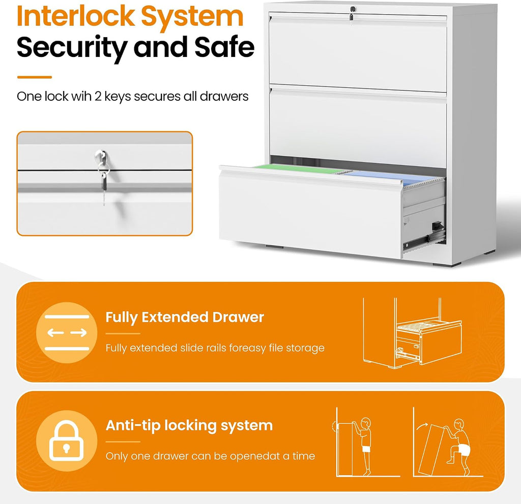 3 Drawer Lateral File Cabinet with Lock, Metal File Cabinets Furniture for Organization Hanging Legal/Letter/A4