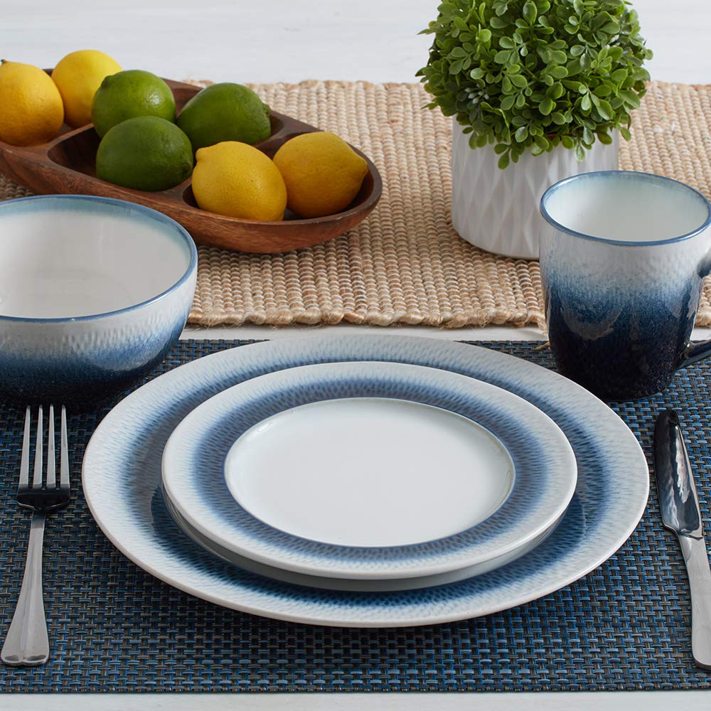 Eclipse Blue 16-Piece Stoneware Dinnerware Set, Service for 4 with Dinner Plates, Salad Plates, Bowls and Mugs