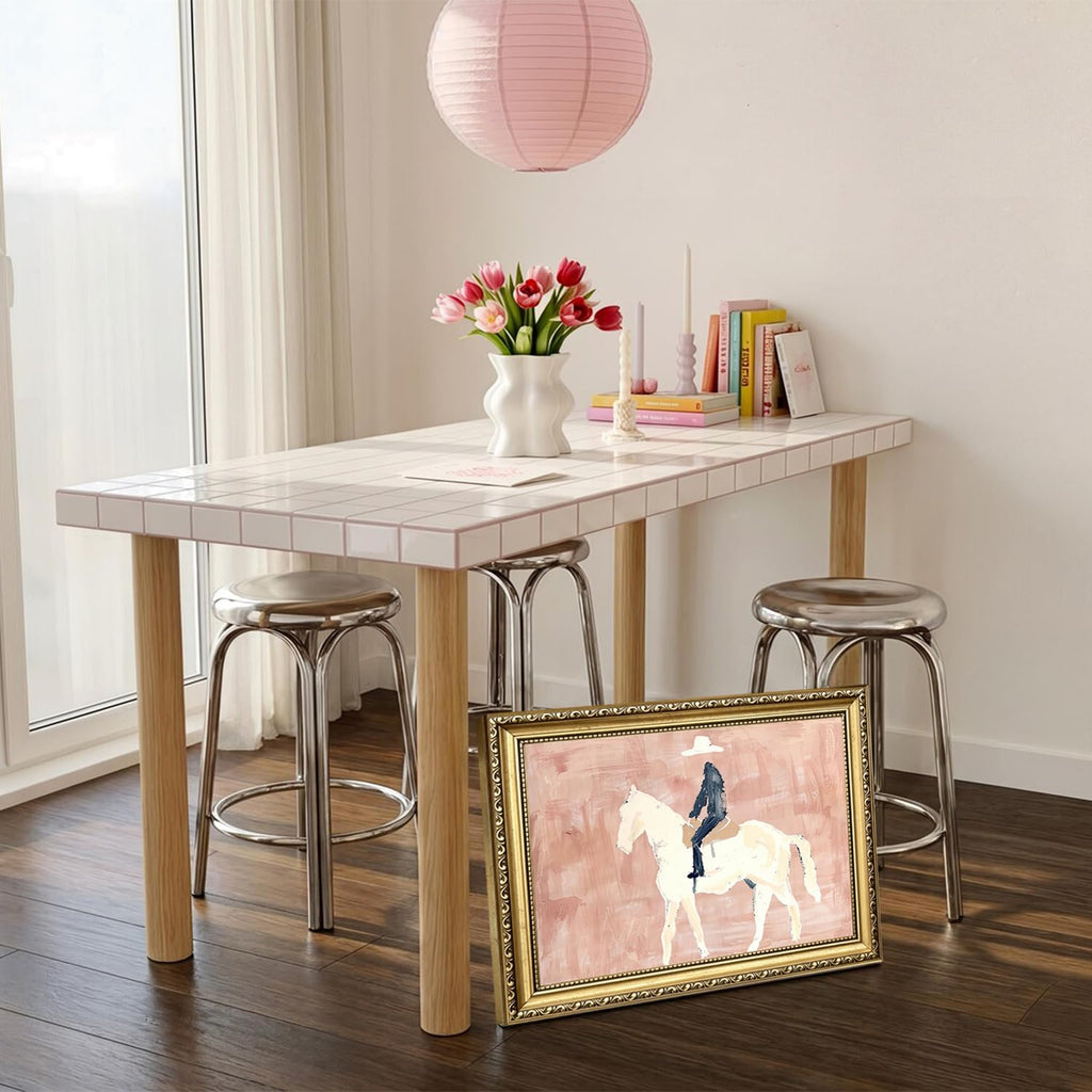 Gold Framed Western Cowboy Wall Art, Modern Abstract Cowboy on Horse Wall Decor Painting Vintage Southwestern Ranch