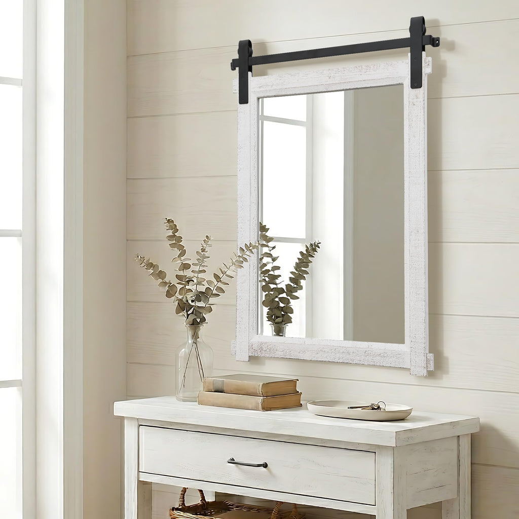 Farmhouse Bathroom Vanity Mirror: 24"x36" White Rustic Barn Door