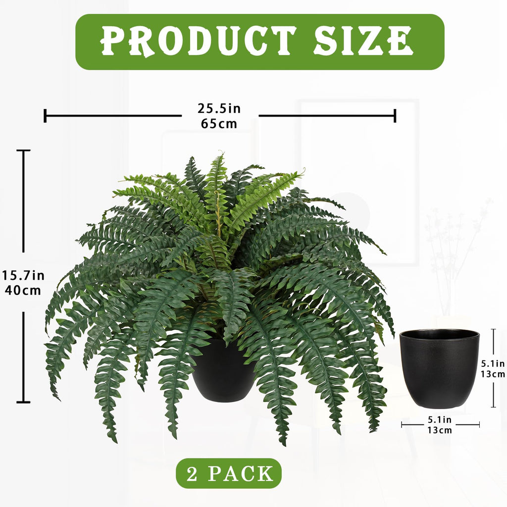 2Pcs Artificial Large Fern Boston Potted Plant for Outdoors & Indoor 25.5inch Faux Fake Fern Bush Plant in Pot Garden