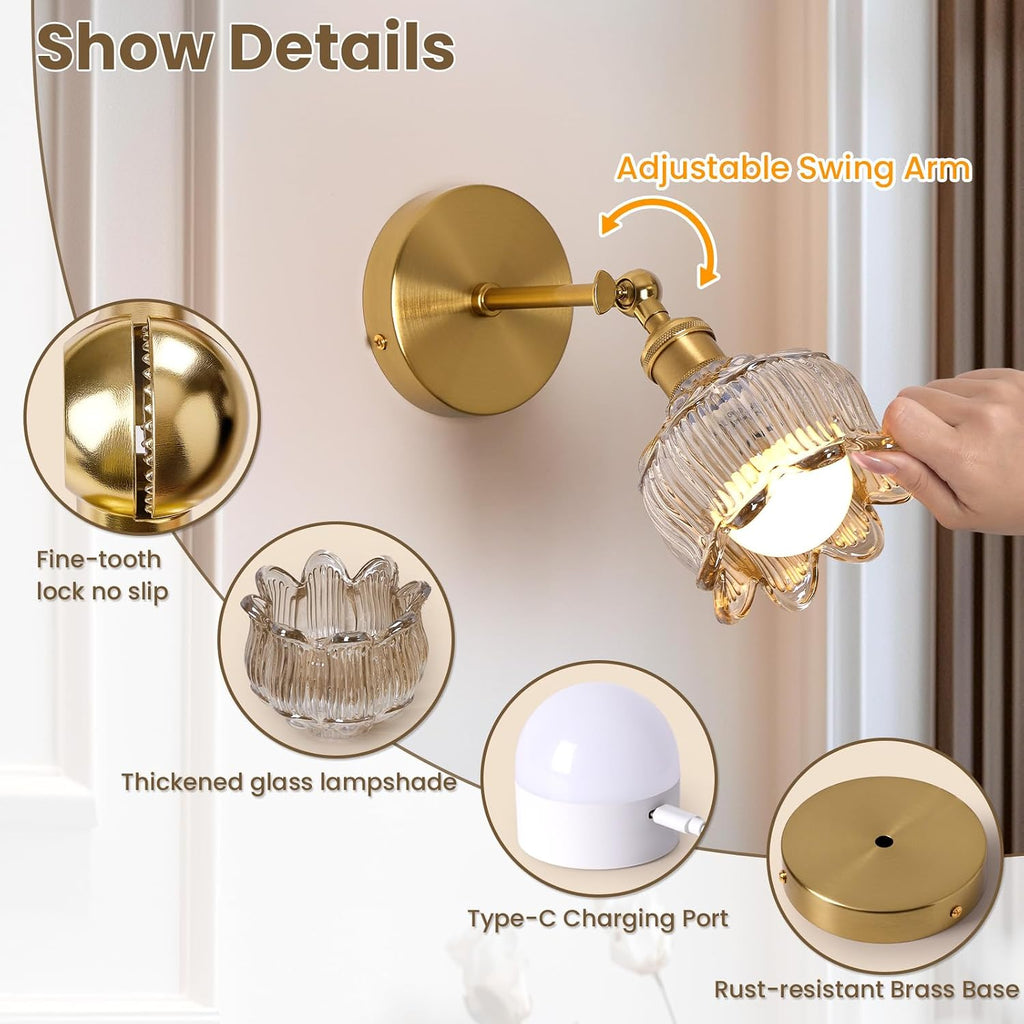 Vintage Battery Operated Wall Sconces - 5000mAh Rechargeable Dimmable Lights with Remote Control - Set of 2 Cognac