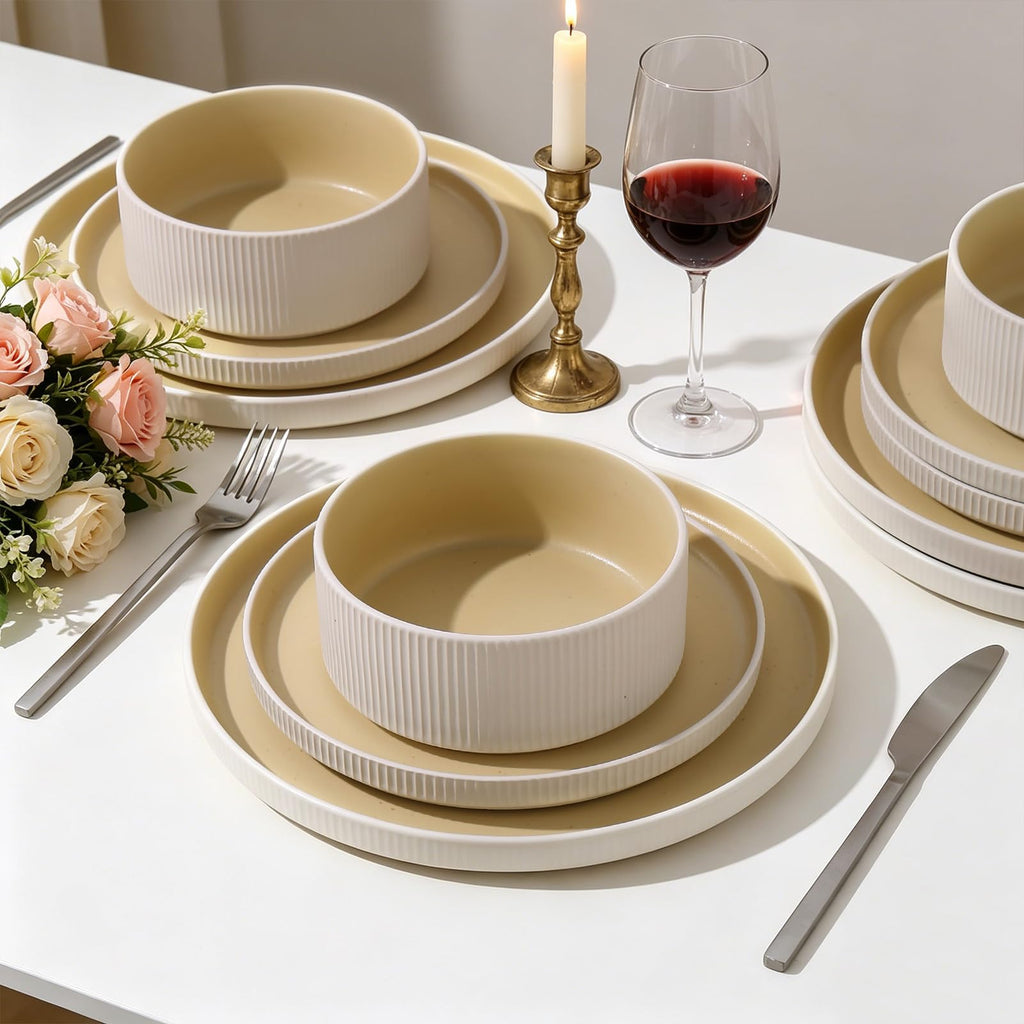 18PCS Ceramic Dinnerware Set for 4, Stoneware Plates and Bowls Sets