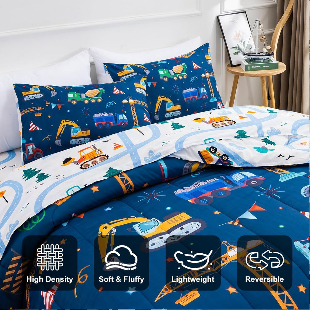 Cars Boy Bedding Comforter Set with Sheets, Full Cartoon Construction Car Excavator Print Kids Bed in