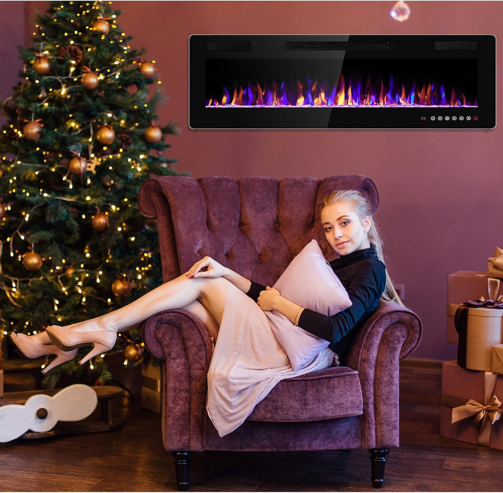 68 Inch Electric Fireplace Insert Ultra-Thin - Recessed & Wall-Mounted Fireplace Heater with Thermostat, Adjustable