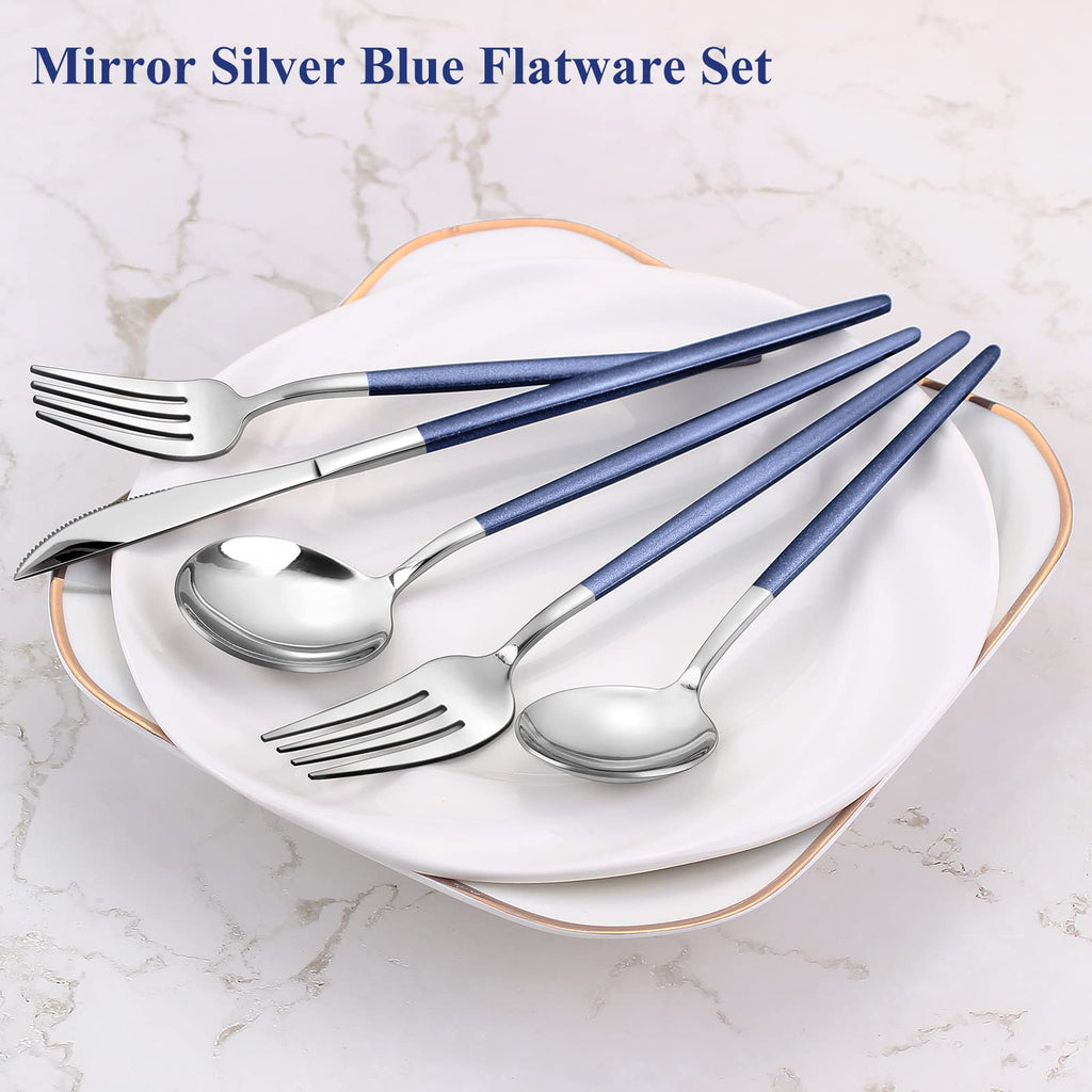 Mirror Silver Blue Silverware Set, 20-Piece Stainless Steel Flatware Set, Satin Finish tableware Cutlery Set, Service