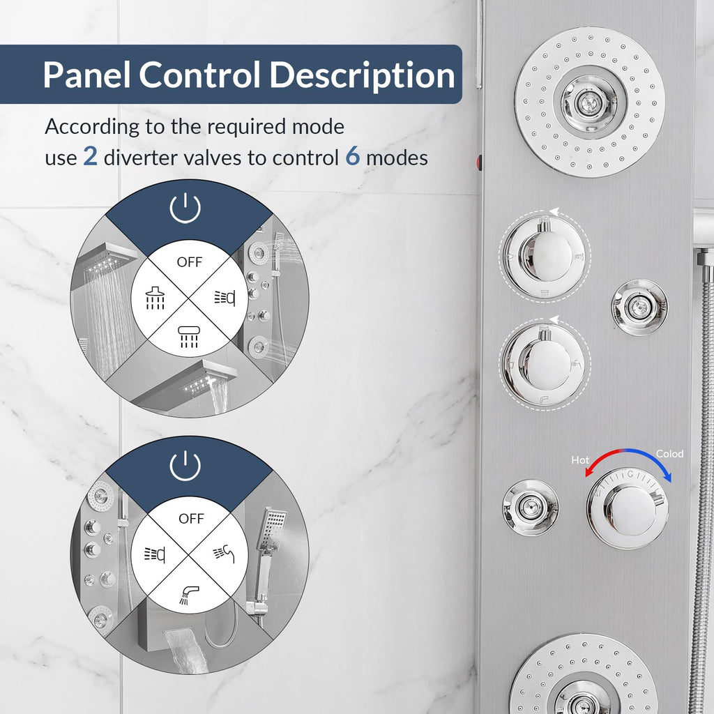 Nickel and Chrome 6 in 1 Shower Panel Tower System Rainfall Shower Panel
