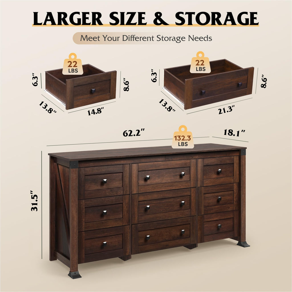 Brown Dresser, 9 Drawer Wooden Chest of Drawers with SGS-Tested Anti-Tip Design, 62 Inch Wide Rustic Dresser TV