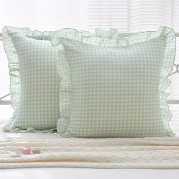 2 Pack Pile Green Gingham Euro Sham Pillow Covers 26''x26''