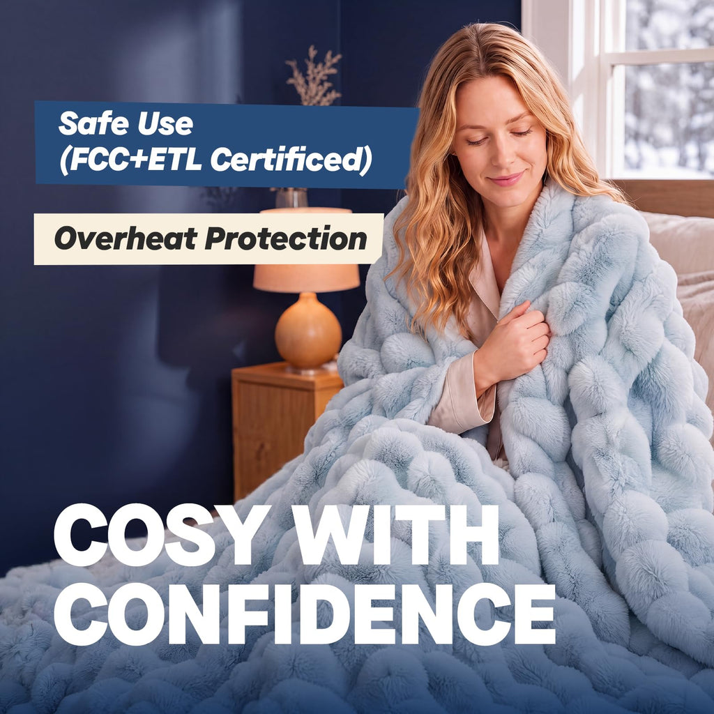 Heated Blanket Faux Rabbit Fur Electric Blanket 84"x90" Light Blue