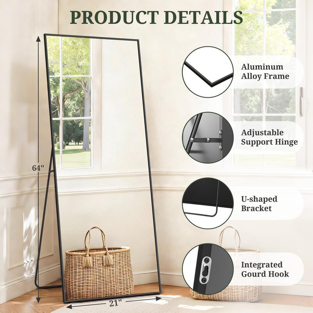 Mirror Full Length 64"x21", Rectangle Full Body Floor Mirrors with Stand