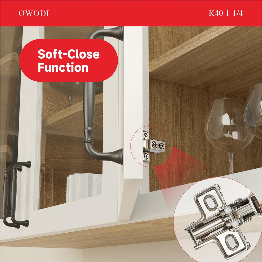 6 Pack 1-1/4 Inch Soft Close Cabinet Hinges - 40mm Cup Diameter, 95° Opening, 3-Way Self-Closing, Concealed Hinges