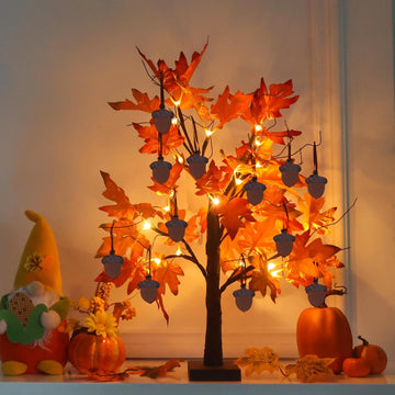 Fall Decorations, Thanksgiving Decorations, 24"/2FT Lighted Fall Maple Leaves Tree with 24 LEDs for Autumn Decor, 12